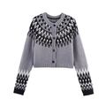 Cárdigan corto gris para mujer con diseño jacquard Fair Isle y botones vintage - S / Gris