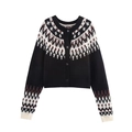 Cárdigan de punto negro para mujer con patrones jacquard Fair Isle y cuello redondo - S / Negro
