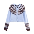 Cárdigan de punto azul cielo con patrones geométricos Fair Isle y botones frontales - S / Azul