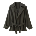 Deep olive green women's short trench coat with waist belt and wide lapel details - S / Deep Olive Green