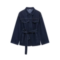 Chaqueta vaquera azul oscuro con cinturón de lazo y bolsillos en el pecho estilo relajado - S / Tops