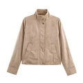 Chic khaki faux suede jacket with stand collar and gold snap buttons for women - S / Khaki