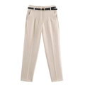 Pantalon beige femme à taille haute avec ceinture noire et plis marqués style chic moderne - XS / Camel