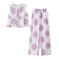 Set 2 pezzi donna con top senza maniche stampa floreale viola e pantaloni a gamba larga - Viola chiaro