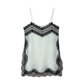 Detail of V-neck camisole with black floral lace trim and striped contrast neckline - Black and White