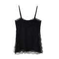 Close-up detail of eyelash lace trim and satin fabric on black camisole top - Black