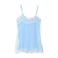 Detail shot of light blue satin camisole with delicate white lace trim and thin straps - Blue