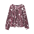 Floral ruffles neck long sleeve blouse in burgundy with abstract white flower patterns - XS / Red and White Print