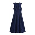 Robe midi sans manches en denim bleu foncé avec taille cintrée et silhouette en A - XS / Bleu foncé