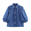 Chemisier en jean bleu vintage pour femmes avec manches bouffantes et col classique - Haut Bleu Foncé