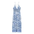 Women summer paisley print midi dress with V-neck cross straps and smocked waist - XS / Blue