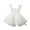 Detail of square neckline with ruffle straps and decorative buttons on white dress - S / White