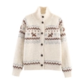 Chaqueta de punto beige con diseño jacquard de perro y cuello alto para mujeres - S / Albaricoque