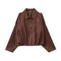 Brown faux suede jacket featuring a minimalist cropped design with stylish drop shoulders - S / Dark Brown