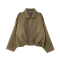 Olive green faux suede cropped jacket with vintage silhouette and elasticated hem details - S / Army Green