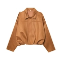 Women's brown suede texture jacket with oversized collar and loose drop shoulder silhouette - S / Orange Yellow