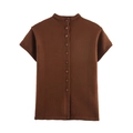 Women's autumn dark brown knitted short sleeve cardigan with round neck and buttons - S / Brown