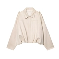 Minimalist beige suede textured cropped jacket with drop shoulders and a polo collar - S / White