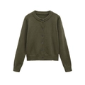Détails à plat d'un cardigan en laine mélangée vert olive avec col rond et boutons foncés - S / Vert Militaire