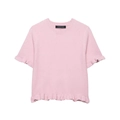 Rosafarbener Kurzarm-Strickpullover mit Rüschensaum und Rundhalsausschnitt auf Weiß - S / Rosa