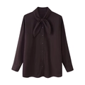 Elegant dark chocolate pussy-bow long sleeve poplin shirt for professional office attire - XS / Brown