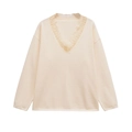 Elegante maglia in maglia bianco crema con scollo a V in pizzo e maniche lunghe - S / Albicocca