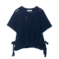 Dunkelblaues grob gestricktes Kurzarm-Oberteil mit seitlichen Bändern und Rundhals - S / Marineblau