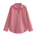 Detailed view of red and white vertical striped poplin shirt with white button closure - XS / Red Stripe
