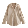 Women's loose-fit striped poplin shirt in light khaki with classic collar and button-up front - XS / Khaki