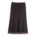 Detailed view of dark chocolate satin midi skirt with elegant floral lace hem trim - Coffee