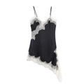 Detail of black satin slip dress with eyelash lace trim and asymmetric hemline - Black and Beige