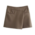 Fashionable coffee brown high waist asymmetric wrap skort with decorative pockets - XS / Camel