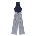 Marineblauer Neckholder-Jumpsuit aus Leinenmix mit gestreiftem weitem Bein und Gürtel - XS / Marineblau Und Weiß Gestreifter Stil