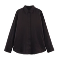 Linen blend long sleeve shirt in deep brown with a hidden placket and curved hemline - XS / Brown Top