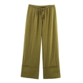 Detail of olive green linen trousers featuring elastic drawstring waist and wide hem stitching - XS / Olive Green Pants