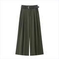 Pantaloni a gamba larga a vita alta verde oliva scuro con cintura nera e pieghe frontali - XS / Verde Militare