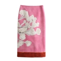 French style linen blend straight skirt in bright pink with white floral patterns - XS / Bottoms / Multicolored