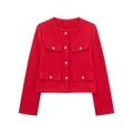 Détail d'une veste courte en tweed rouge avec quatre poches et boutons dorés - Rouge