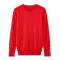 Classic red round neck long sleeve knit sweater featuring decorative gold sleeve buttons - S / Red