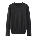 Dark grey crew neck knit sweater for women with decorative metal buttons on cuffs - S / Gray
