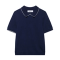 Cárdigan de punto de manga corta azul marino con ribete ondulado blanco y solapa - S / Azul marino