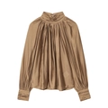 Detail view of deep bronze satin blouse showing natural draped high neckline and silk texture - XS / Camel