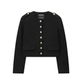 Chic black cropped jacket for women featuring elegant gold embossed buttons and a round neck - S / Black