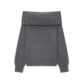 Dark gray off-shoulder knitted sweater with textured folded collar and ribbed trims - S / Gray