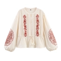 Dames boho geborduurde blouse met lange mouwen in crème met bloemenpatroon en kwastjes trekkoord - XS / Broken Wit