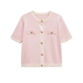 Gilet en maille rose à manches courtes avec bordure blanche et boutons dorés - Rose