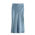 Jupe midi élégante en satin bleu clair avec taille élastique et finition brillante - XS / Bleu Gris
