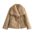 Detailed close-up of textured faux fur lapel and warm lining on women jacket - S / Khaki