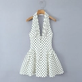 French vintage polka dot halter neck dress with deep V-neck and slim fit A-line silhouette - S / Dresses / White Polka Dot