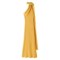 Elegantes senfgelbes Neckholder-Maxikleid aus Satin mit plissiertem Band-Design - S / Gelb